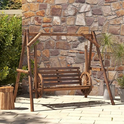Rustic Carbonized Fir Wood 2-Person Porch Swing with Wagon Wheel Armrests