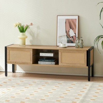 Chic Crate - 54" Rattan Media Console with RGB Lighting - Sliding Doors & Adjustable Shelf - Modern TV Stand for Living Room - Natural Oak