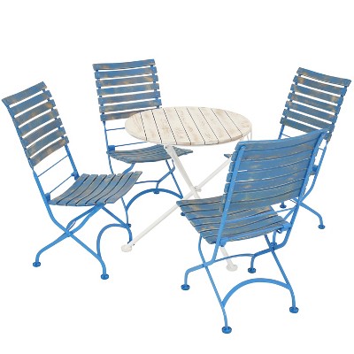 Sunnydaze Indoor/Outdoor Shabby Chic Café Chestnut Wood Folding Bistro Table and Chairs - Blue - 5pc