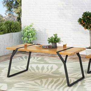 Okak Farmhouse Outdoor Dining Table with Stylish Metal Legs, Patio Dining Table with Wooden Tabletop, Outdoor Table for Backyard, Garden, Brown - 1 of 4