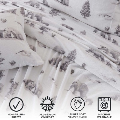 Twin White Polyester Velvet Plush Sheet Set with Polar Bear Print