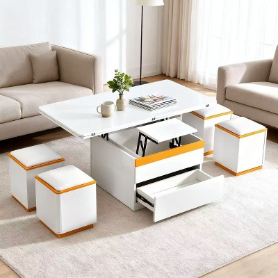Homy Casa Multi-Functional Lift-Top Coffee Table with 4 Storage Ottomans, White & Orange Finish – Modern Space-Saving Living Room Set