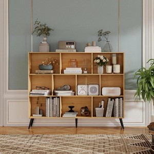 Wooden 10-Cube 3-Tier Open Shelf Bookcase Freestanding Book Shelf Storage Organizer with 5 Iron Legs for Home Office Living Room Bedroom - 1 of 4