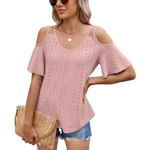 Womens Eyelet  Embroidery Tops Spaghetti Straps Short Sleeve Cold Shoulder Front Knit Casual Summer Lightweight Blouses for Women - 1 of 4