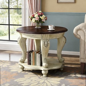 Hostack 22'' Two Tone Round End Table, Solid Wood Sofa Side Table with Shelf for Living Room, Beige and Espresso Top - 1 of 4