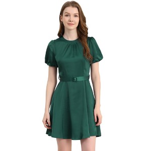 INSPIRE CHIC Women's Pleated Neck Puff Sleeve Belted Satin Dress - 1 of 4