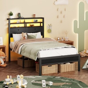 Bed Frame with 2 Storage Drawers Headboard LED Charging Station Black oack - 1 of 4