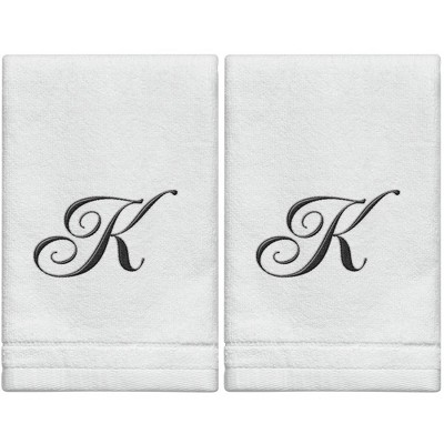 Creative Scents Set of 2 White Fingertip Monogrammed Towels, Black Embroidered