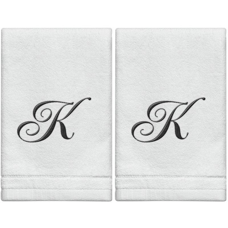Creative Scents Set of 2 White Fingertip Monogrammed Towels, Black Embroidered, 1 of 8