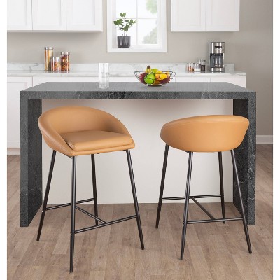 Camel Faux Leather Counter Stools with Black Metal Frame, Set of 2