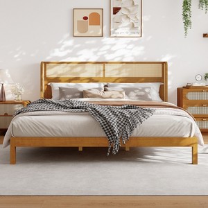 King/Queen Platform Bed Frame with Headboard, Mid Century Modern Rubber Wood Bed for Bedroom, Natural - ModernLuxe - 1 of 4