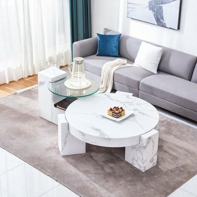 NicBex Modern Detachable 2-Decker Round Nesting Coffee Table with Glass Top for Living Room