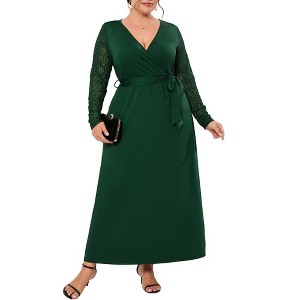 ShopWonder Plus Size Formal Maxi Dress for Curvy Women Wrap V Neck Dress Wedding Guest Dresses Lace Long Sleeve Fall Dress Dark Green 5XL - 1 of 4