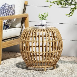 Lyngins Boho Faux Rattan Outdoor Side Table, Handcrafted Patio Coffee Table, 19.7" Cylinder Patio End Tables, Light Brown - 1 of 4