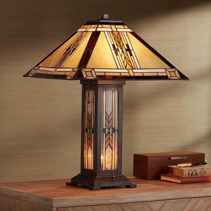 Franklin Iron Works Drake Mission Collection 25 1/2" High Tiffany-Style Table Lamp Night Light Pull Chain Yellow Art Glass Single Living Room Bedroom, 3 of 9