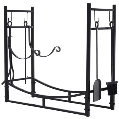 Outsunny Firewood Log Rack Holder with Fireplace Tools Indoor Outdoor Wrought Iron 33" L