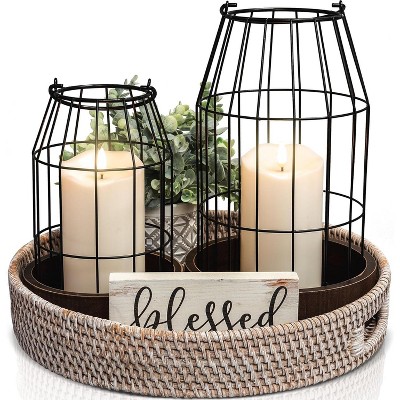 Rustic Farmhouse Lantern Decor Set of 2 - Stylish Decorative Lanterns for Your Living Room, Fireplace Mantle or Kitchen Dining Table - Modern Beauty