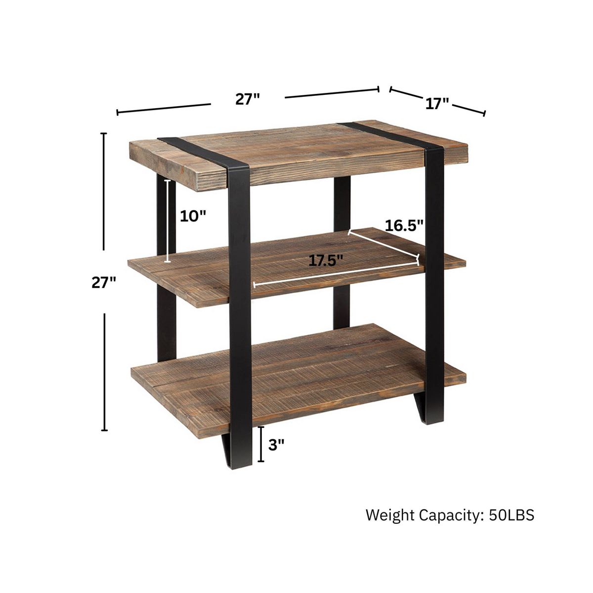 27" Modesto Wide 2 Shelf End Table with Metal Strap, Wood - Alaterre Furniture: Rustic Industrial Design, Black Frame - thumbnail 10