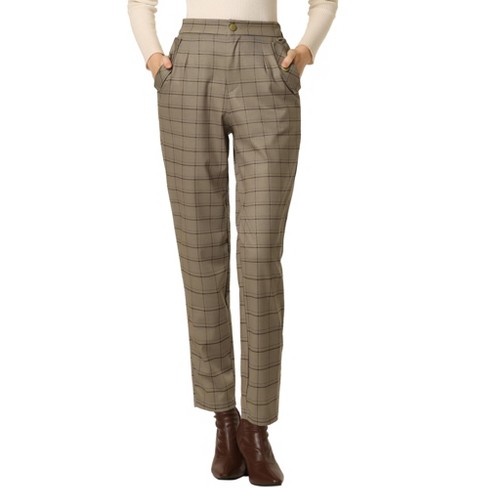 Allegra K Women's Vintage Tartan Plaid Elastic Waist Straight Long Trousers  Camel Medium