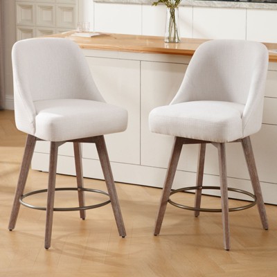 Bekrvio Counter Height Bar Stools, 26" Mid-Century Swivel Barstools with Backs - Linen Upholstered Wood Legs, Kitchen Island Counter Chairs