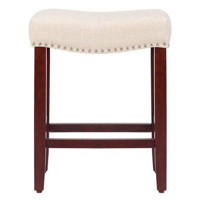 24" Cherry and Beige Upholstered Saddle Seat Counter Stool