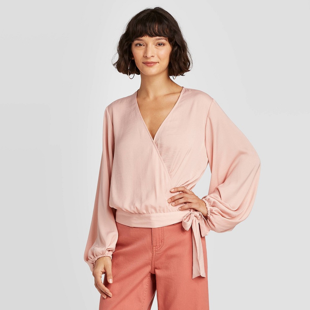 Women's Balloon Long Sleeve Wrap Top - A New Day Pink L was $24.99 now $17.49 (30.0% off)