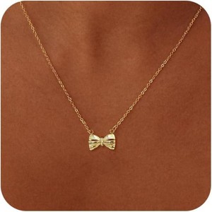Gold Bow Pendant Necklace for Women, 14K Gold Plated CZ Bead Choker Christmas Gift - 1 of 4