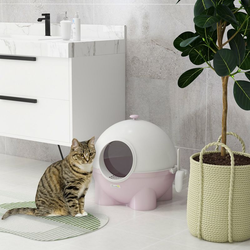 PawHut Hooded Cat Litter Box, Large Kitty Litter Pan with Lid, Scoop, Leaking Sand Pedal, Top Handle, Light Pink, 3 of 7