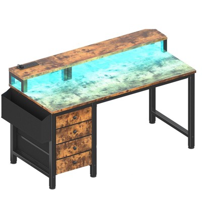Itopfox Reversible Gaming Desk with LED Lights and Power Outlets, Home Office Desk with Monitor Stand, Computer Desk with Fabric Drawers