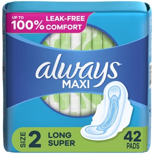 Always Maxi Pads Long Super Absorbency Unscented with Wings - Size 2 - 42ct - 1 of 4