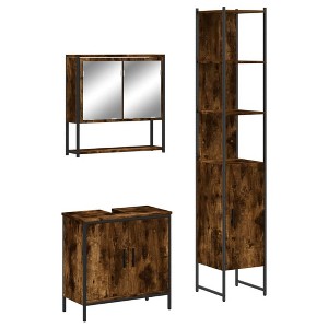 vidaXL 3 Piece Smoked Oak Bathroom Furniture Set - Engineered Wood Wall-Mounted Mirror, Sink Cabinet, Storage Tower - 1 of 4