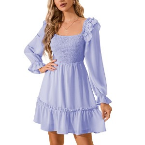 Women's Smocked Square Neck Short Dress Ruffle Long Puff Sleeve Casual Mini Dress Wedding Guest Dresses for Women - 1 of 4