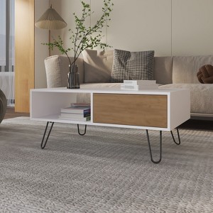 Gramling Coffee Table with a Drawer and Hairpin Legs, White + Natural Oak - 1 of 1