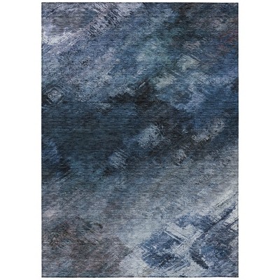 Navy Blue And Denim Blue Abstract Washable Indoor Outdoor Area Rug