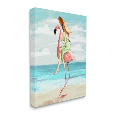 Beach Woman Riding Pink Flamingo Tropical Bird Canvas Art, 30 x 40