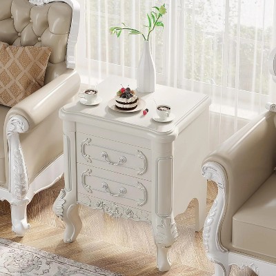 Cream White Carved Wood Nightstand with Silver Accents and 2 Drawers