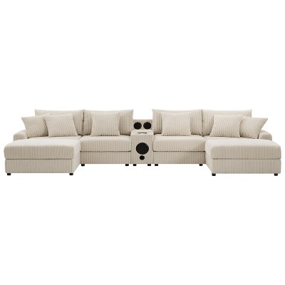 TiramisuBest 114*64" Cream Corduroy Sectional Sofa: L-Shaped,Console, USB Charger,Storage, Ottoman & Deep Wide Seats for Living Room