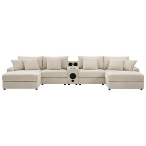 TiramisuBest 114*64" Cream Corduroy Sectional Sofa: L-Shaped,Console, USB Charger,Storage, Ottoman & Deep Wide Seats for Living Room - 1 of 4