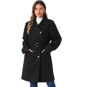 Allegra K Women's Button Down Stand Collar Long Sleeve Belt Winter Classic Long Coat - 1 of 4