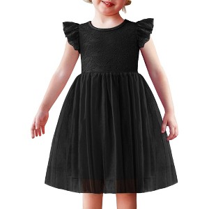 Arshiner Toddler Lace Tutu Dresses Ruffle Sleeve 3 Layers Tulle Flower Wedding Birthday Summer Little Girls Dress Black 3T