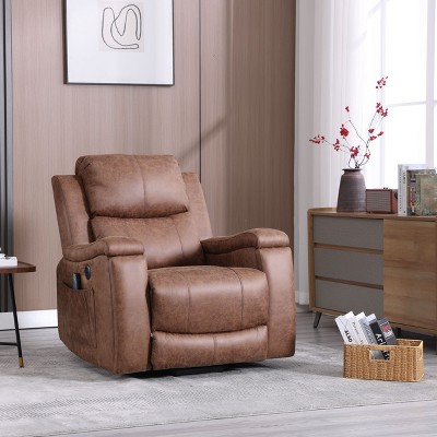 Bestier Manual Massage Rocker Recliner Chair, 360° Swivel Glider Lounge Chair, Recliner Sofa with Side Pockets, Cup Holders, Brown
