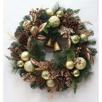 24"Pre-Lit Christmas Wreath for Front Door,Battery Operated Artificial Wreath with 20 Warm White LED&Timer,Pine Cone and Gold Balls,for Holiday Decor
