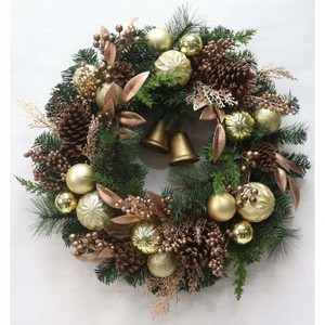 24"Pre-Lit Christmas Wreath for Front Door,Battery Operated Artificial Wreath with 20 Warm White LED&Timer,Pine Cone and Gold Balls,for Holiday Decor - 1 of 4