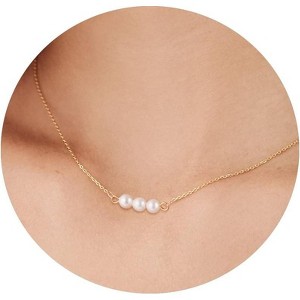 14K Gold Plated Pearl Necklace for Women, Handmade Dainty Everyday Jewelry Bar Three Pearl-Gold - 1 of 4