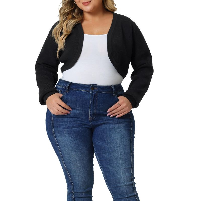 Agnes Orinda Women's Plus Size Long Sleeve Open Front Ribbed Soft Knit Crop Cardigan, 2 of 6