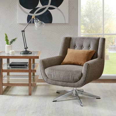 Nina Brown Chrome Swivel Lounge Chair with Swoop Arms