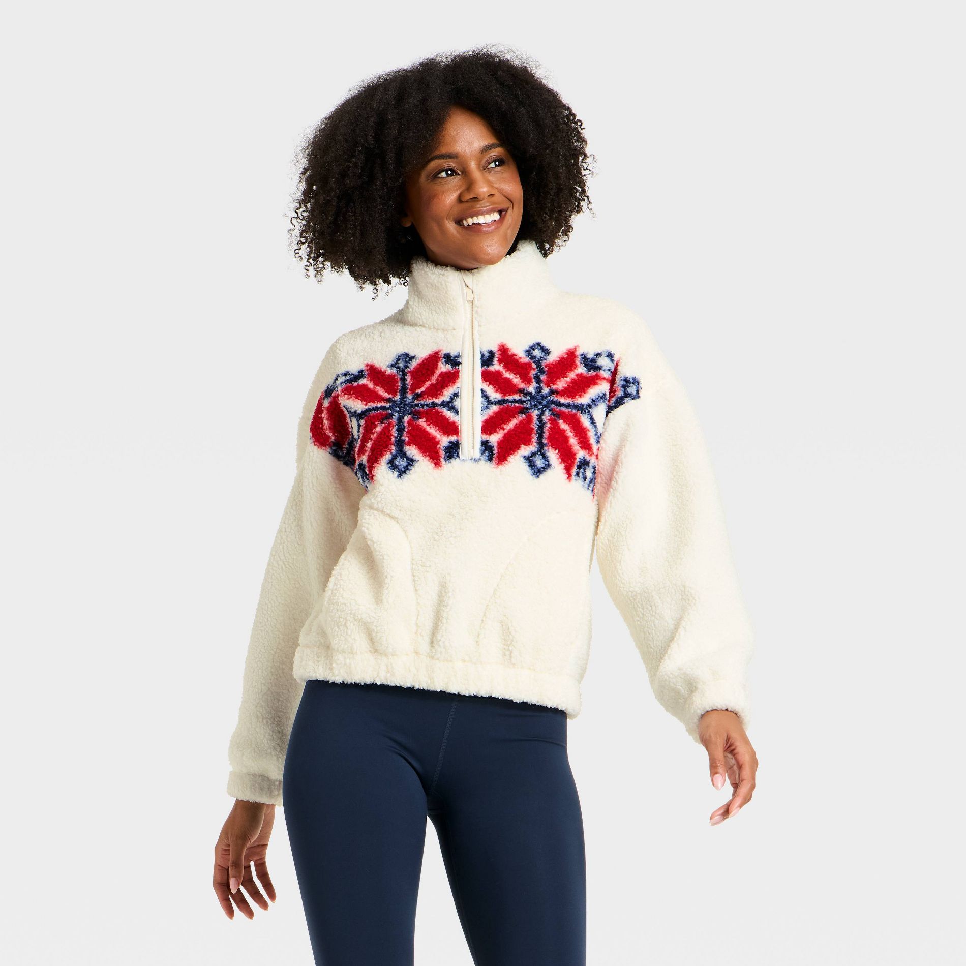 Women's High Pile Fleece 1/2 Zip Pullover Jacket - All In Motion™ Cream/Red M