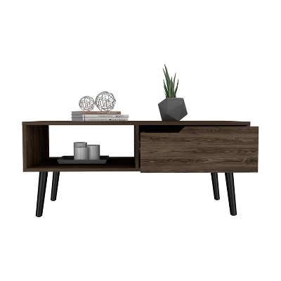 Vynxaria Dark Walnut Coffee Table, 46.11" Superior Top, 1 Drawer (18.7"W×7.3"H) + 1 Open Shelf (18.8"W×7.4"H), 4 Legs (8.6")