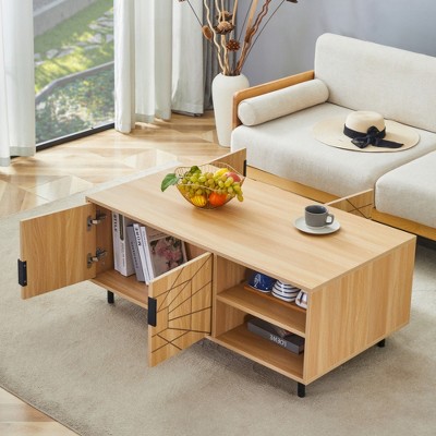 KIGFTSOD Spider Web Textured Modern MDF Coffee Table - Geometric Art and Practical Design in Natural Wood Tones