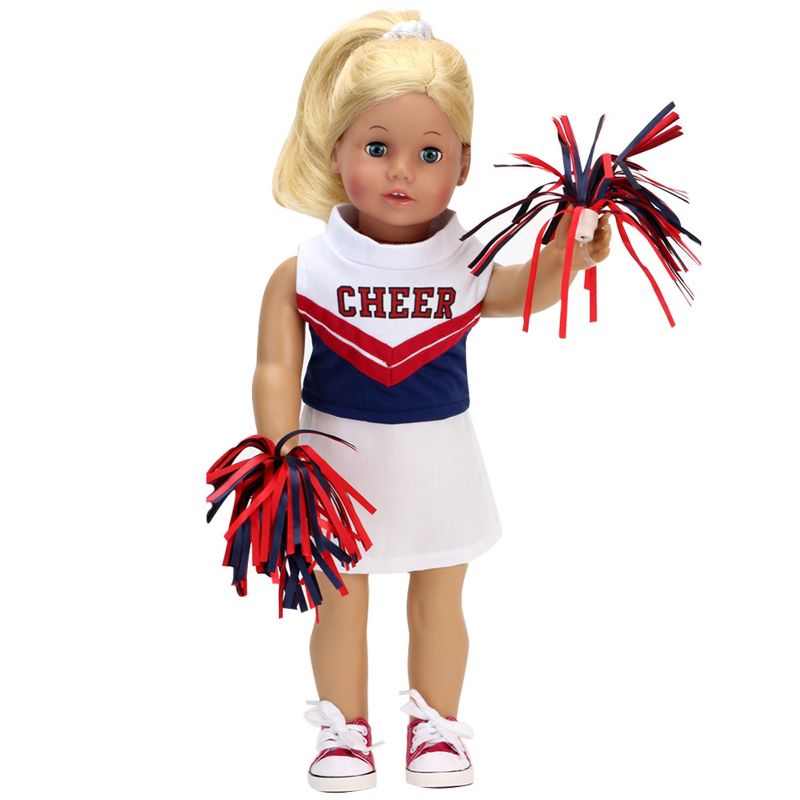 Sophia's Complete 4 Piece Cheerleading Uniform with CHEER Top and Skirt, Pom Poms and Tennis Shoes for 18" Dolls, White/Red, 3 of 6